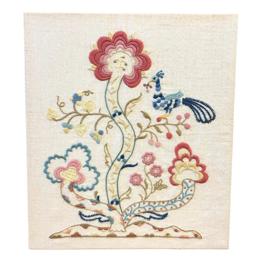 VINTAGE 60s Floral Bird Crewel Stitch Picture Hand Stitched Embroidery Art Piece